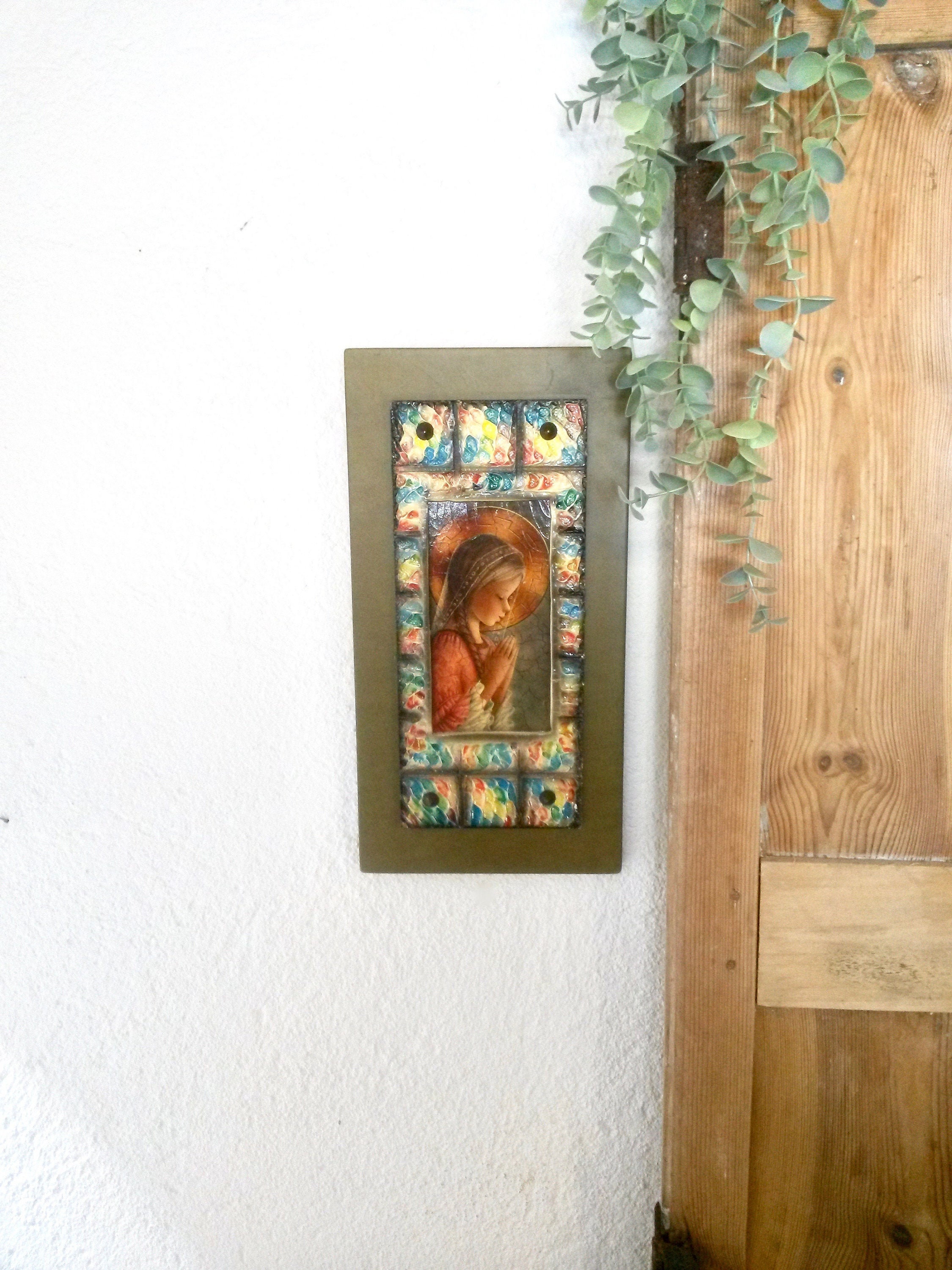 Image Haute de Tuile sur Le Cuir Vert - Marie Décor Religieux Mur Art d'altarriba Catholique Suspend