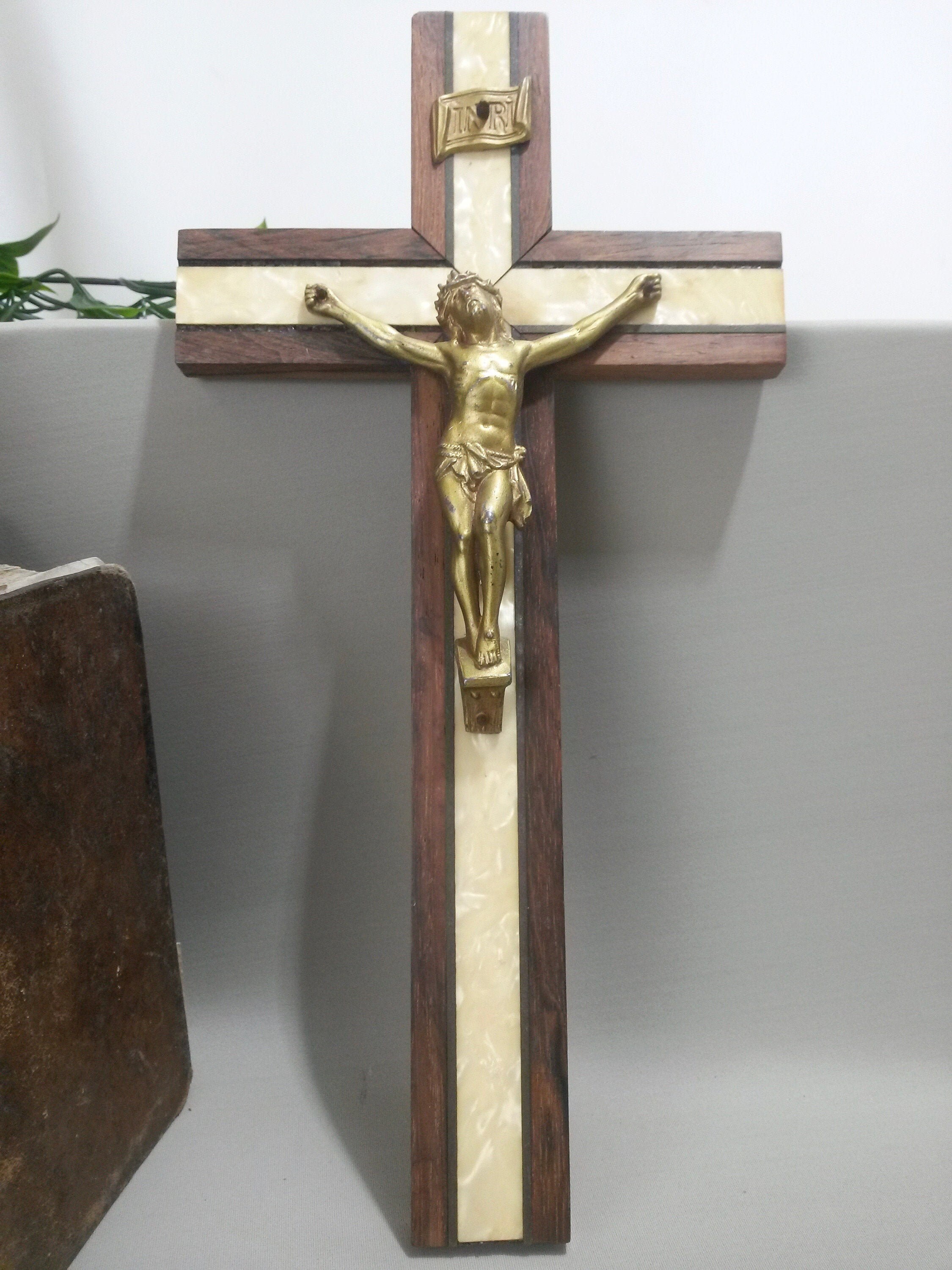 13.7 Copper Inlayed Wall Crucifix - Jesus Statue Gold Tone France Catholic Decor Circa 1960S