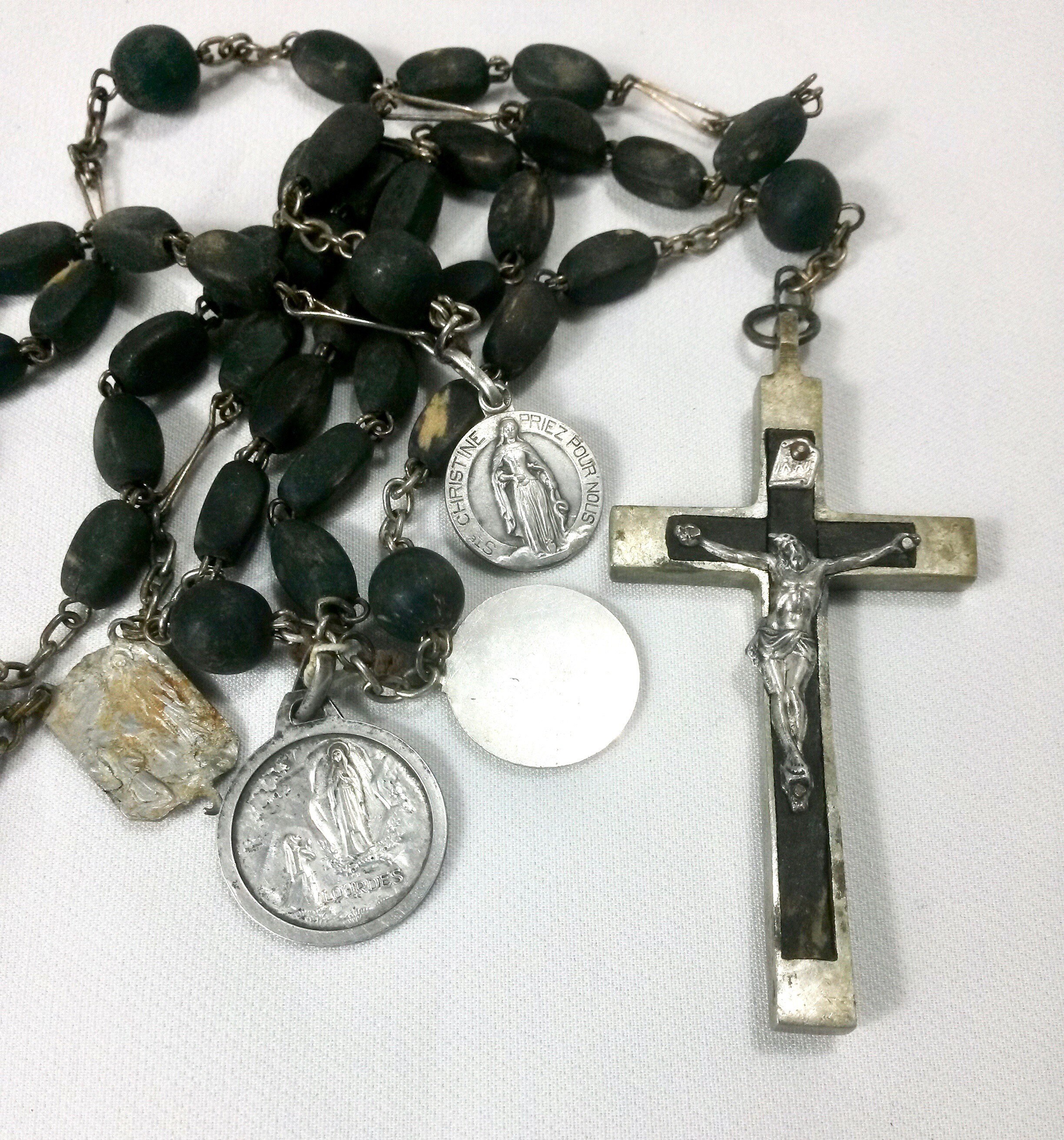 23.6 Chapelet Antique en Détresse - Médaillon France Perles de Prière Perlées Bois Noir Crucifix Pen