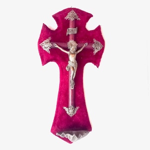 Victorian Red Velvet Crucifix: Catholic Holy Water Font, France