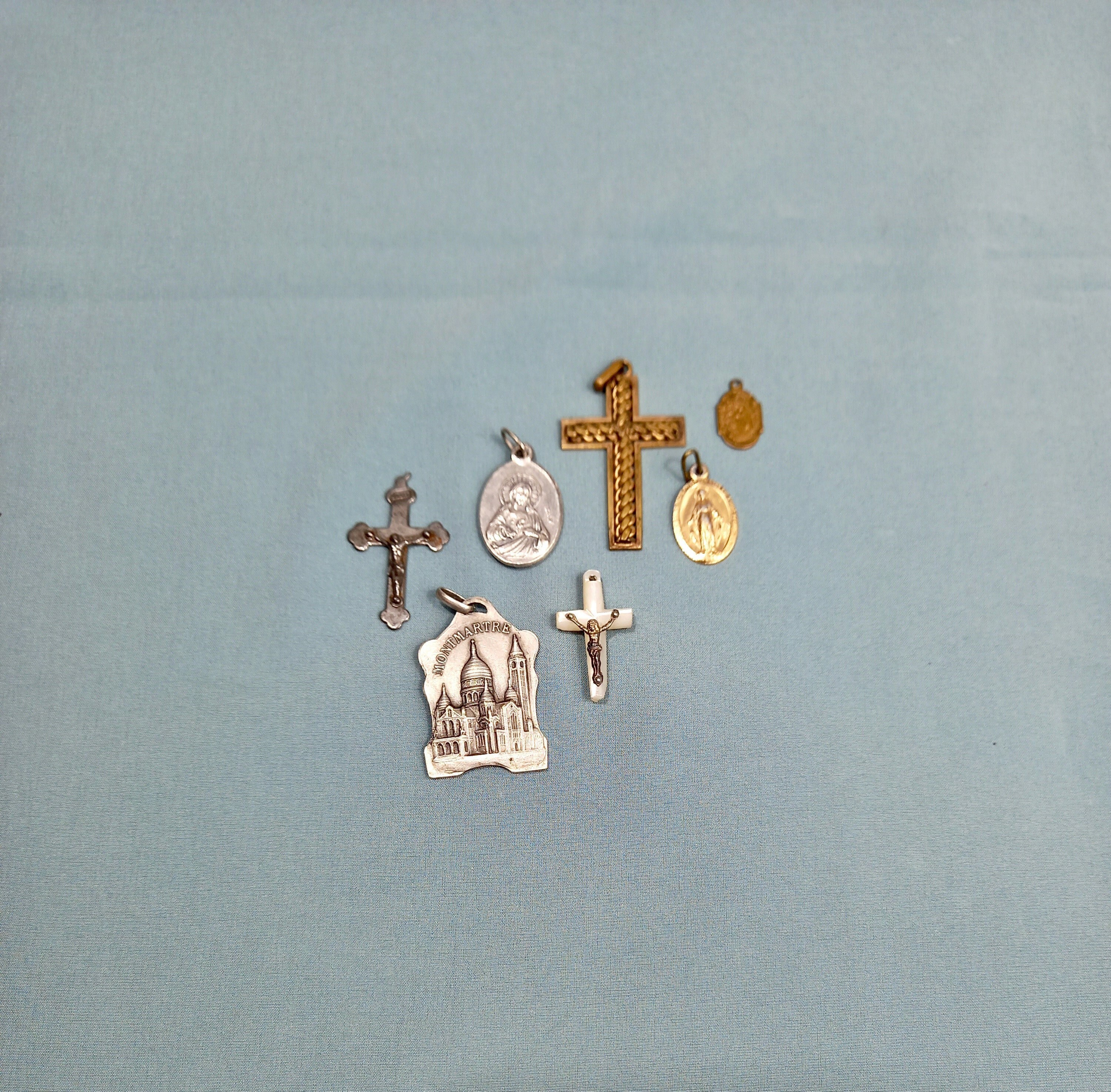 7 Pièces Crucifix Religieux Pendentif Lot - France Français Médaillons Du Rosaire Catholique Artisan