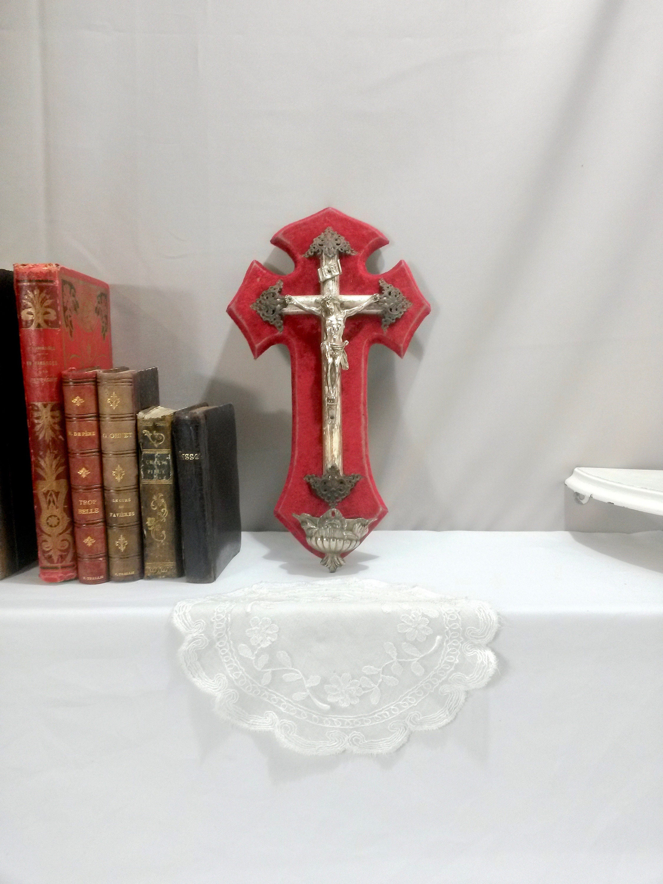 Grand Crucifix Victorien de Velours 14, 6 avec Police d'eau Bénite - Grand France Décor Antique Mur 