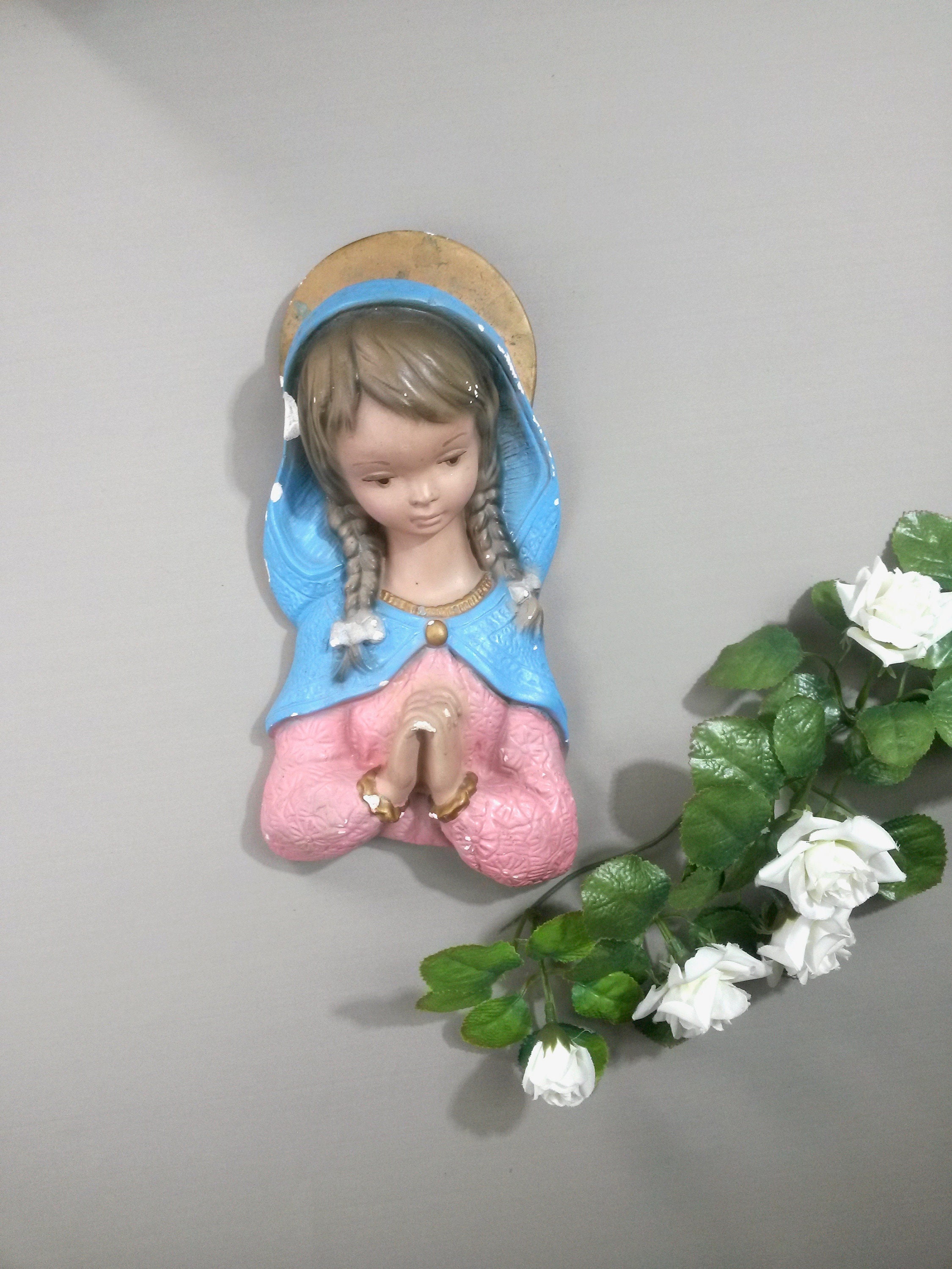 Catholic Statuary Vintage - Girl in Prayer Bust Grande Statue de Craie Religieuse Dévotionnelle Du M