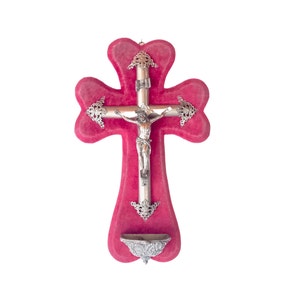 Antique Red Velvet Crucifix Wall Font - French Religious Decor (35cm)