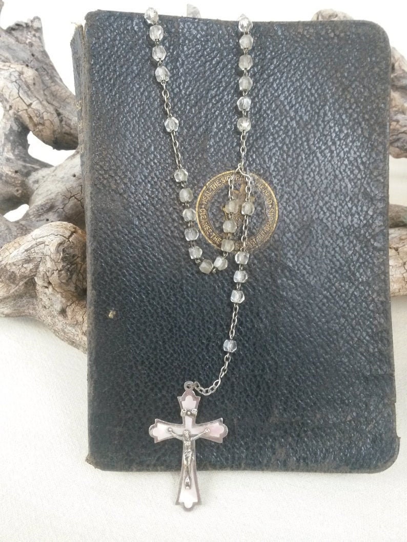 Collier Chapelet Communion - Perles de Verre Clair Bijoux Catholiques Cadeaux Sacrés Pour La Jeune F