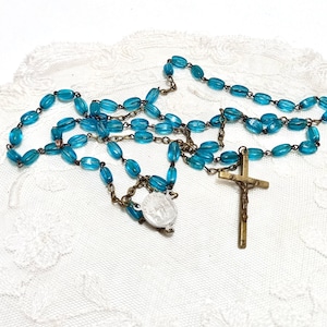Vintage Turquoise Glass Bead Rosary Necklace - French Catholic Gift