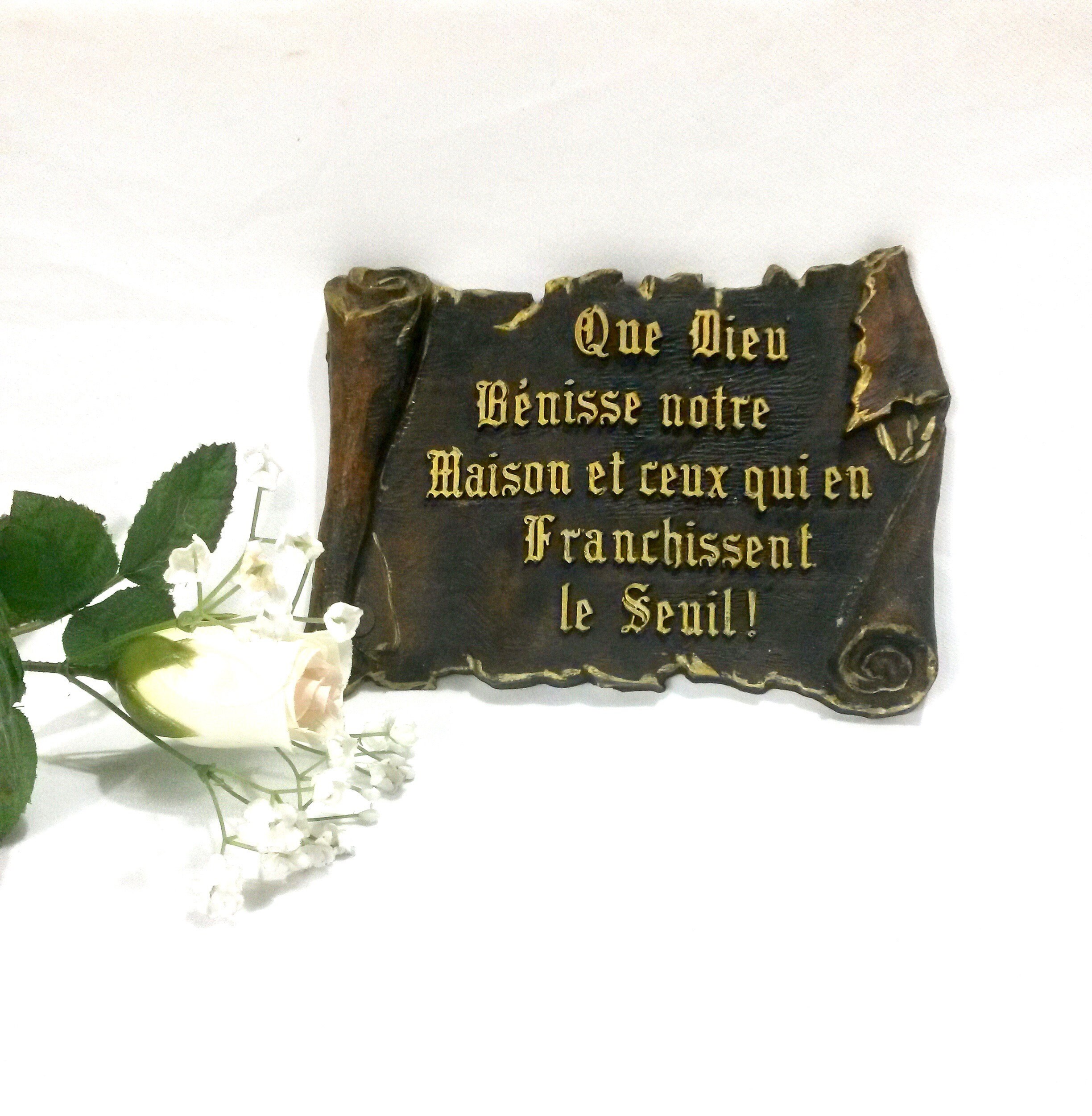 Blessing Home Sign - Vintage Benediction France Repro Scroll Wall Hanging Cadeau Catholique Pour La 