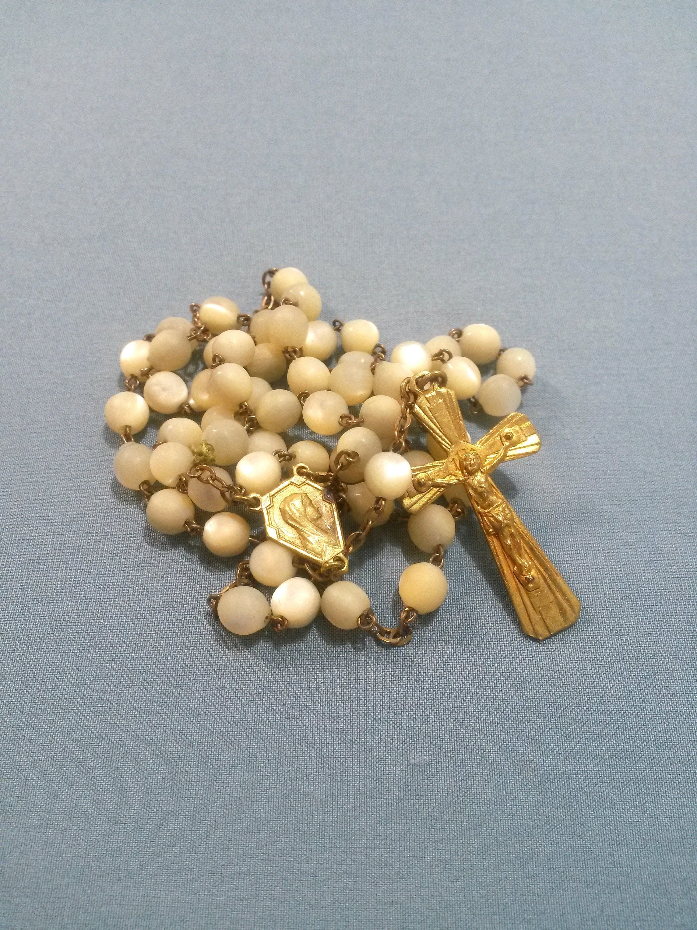 15.9 Chapelet de La Nacre France - Perlé Du Début Siècle à Crème Perles Prière Perles Pâles Collier 