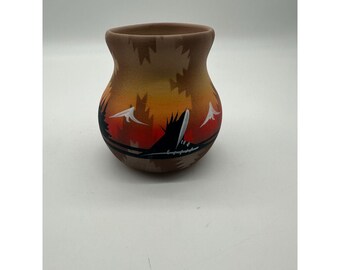 Pottery Vase Navajo Native American Hand-Painted 4.5 Black Silhouette Signed