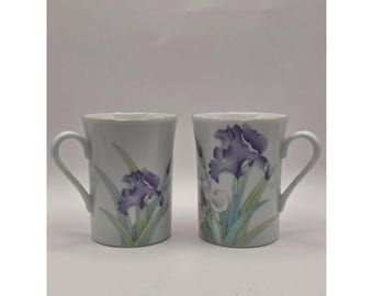 Otagiri Bouquet Irises Mugs Set of Two Gold Rim Hand Painted Vintage EUC
