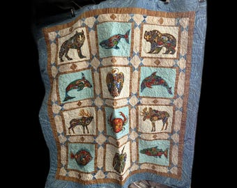 Hand Made Quilt Featuring Pieced Blocks Various Wild Animals 54 x 50 Reversible