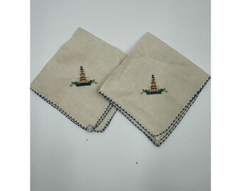 Linen Cocktail Napkins Hand-Embroidered Lighthouse 11 x 11" Set of Two Vintage