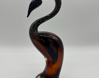 Murano Glass Water Wading Crane Bird Amber with Inner Gold Foil Speckle 13" Tall