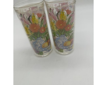 Genin Trudeau MCM Tumblers Drinking Glasses Acrylic Floral 70's Set of 2
