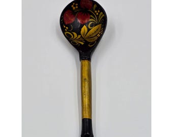 Vintage Khokhloma Lacquered Soup Bowl Set of 4 With Serving Spoon