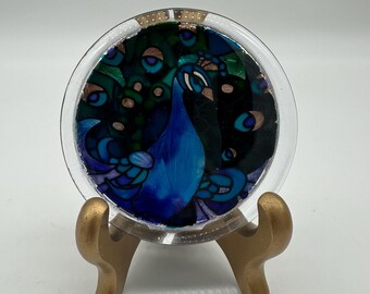 Joan Baker Lucite Paperweight Peacock Round Design 3” Multicolored