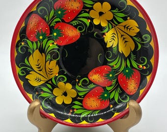 Khokhloma Russian Hand Painted Plates Set of 6 MCM Vintage Folk Art