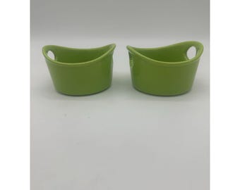 Ramekins Ceramic Baking Baskets for Baking 4.5" Small Dish w/ Handles Green