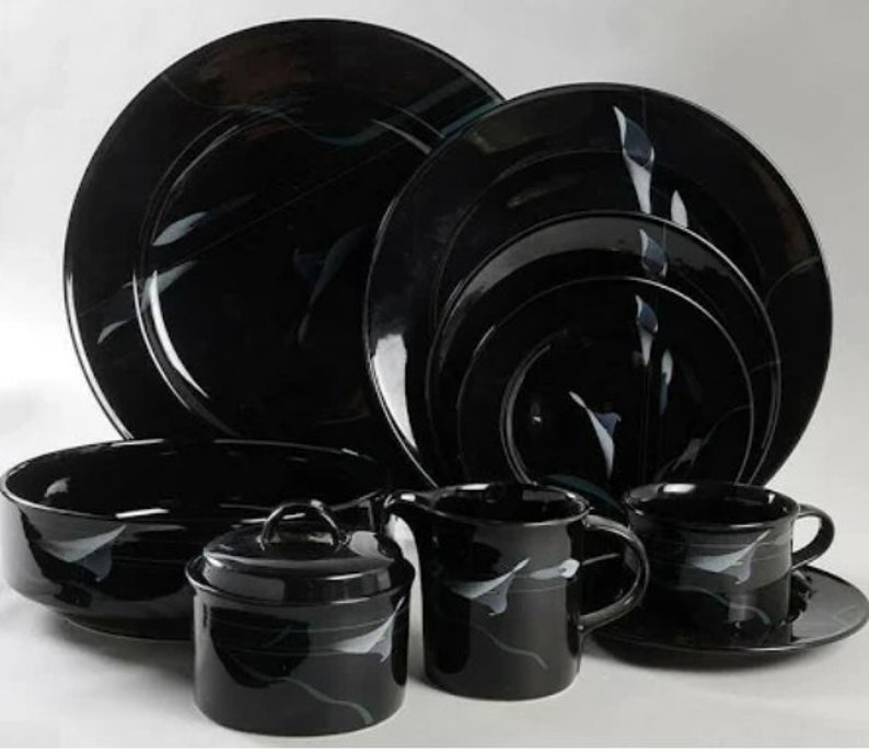 Vintage Mikasa Galleria Opus Black Set of 8 Dinnerware Cream & Etsy