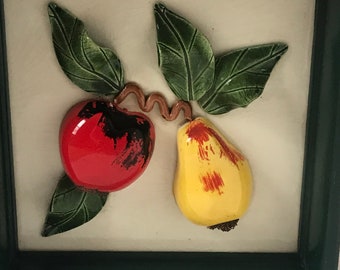 Hand Made & Painted Ceramic Apple Pear Relief Framed Vintage Wall Decor 6 1/2