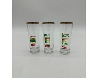 Christmas Shot Glasses Set of Three Merry Merrier Merriest 4" Glasses Multicolor