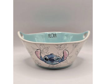 Rae Dunn Disney Stitch "Aloha" Ceramic Noodle Bowl w/ Handles & Teal Glaze EUC
