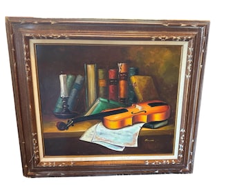 Original Art Oil Painting Still Life Violin & Books Signed Monticello Framed