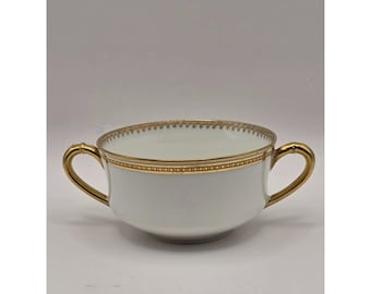Haviland Limoges France Creme Soup Porcelain Cup Golden Rim Two Handles Vintage