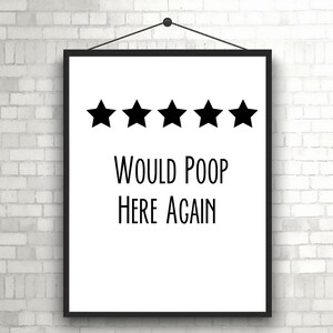 Funny Bathroom Print, Bathroom art, bathroom quote, Bathroom wall decor, Bathroom printables, Would Poop Here Again, funny bathroom,