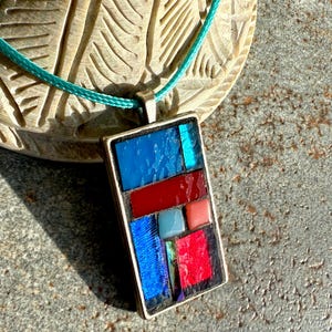 Stained Glass Handmade Mosaic Pendant, Unique Red Blue Rectangular Necklace,  Boxed Gifts UK