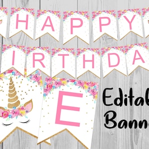 Unicorn Birthday Banner Custom Unicorn Birthday Banner Unicorn Editable PDF Printable Instant Download image 1