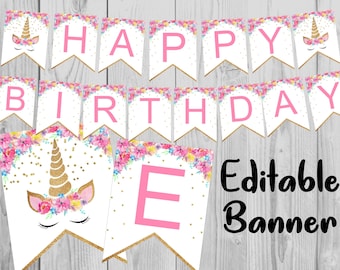Banner de cumpleaños de unicornio - Banner de cumpleaños de unicornio personalizado - PDF editable de unicornio - Descarga instantánea imprimible