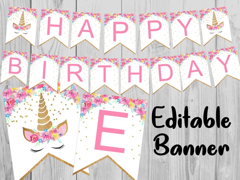 Unicorn Birthday Banner Custom Unicorn Birthday Banner Unicorn Editable PDF Printable Instant Download image 1