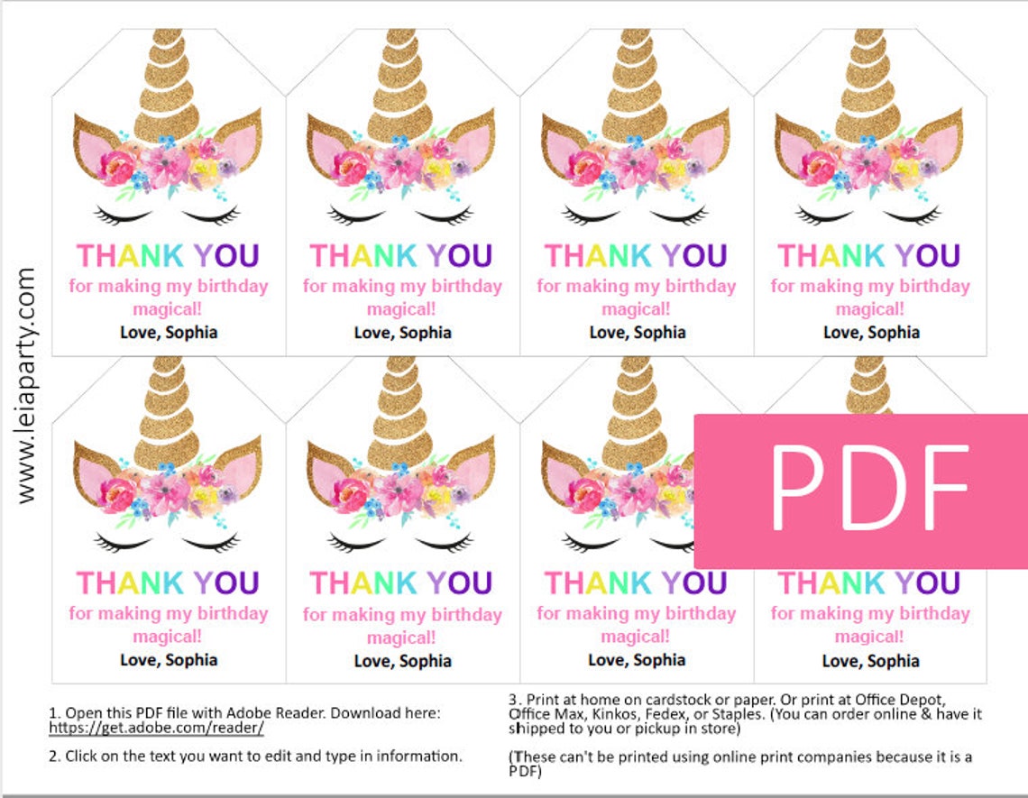 Unicorn Thank You Tags - Unicorn Favor Tags - Editable PDF - Printable Instant Download - Etsy