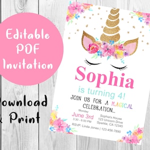 Unicorn Birthday Invitation - Unicorn Invitation Download - Editable Unicorn Birthday Party Printable - DIY