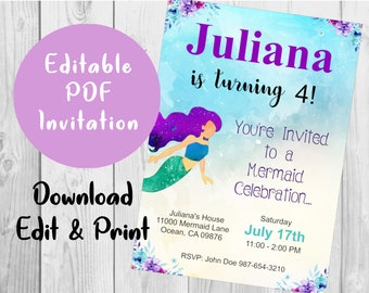 Mermaid Birthday Invitation - DIY Editable PDF - Printable Instant Download - Purple, Blue, Green Flowers