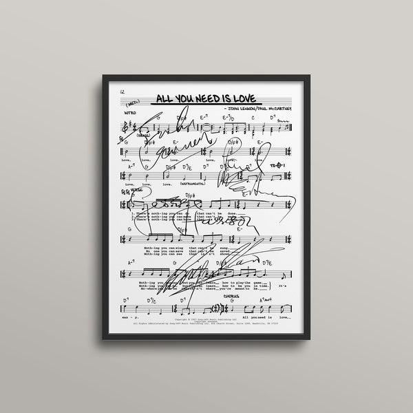 The Beatles "All You Need is Love" Facsimile Machine Autographs on High-Quality Sheet Music | Collectible Gift Display That Looks Real