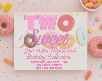 ZWEI Süße | Bearbeitbare Einladung zum zweiten Geburtstag | Geburtstag | Geburtstagsfeier | Kleine Mädchen-Party | Donuts | Bearbeitbare Canva Vorlage