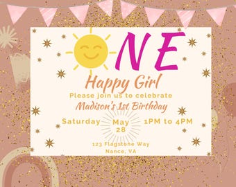 EIN Glückliches Mädchen | Bearbeitbare Geburtstagseinladung | 1.Geburtstags-Party | Boho Geburtstag | Sommerparty | Kleines Mädchen | Sonnenschein | Erster Geburtstag