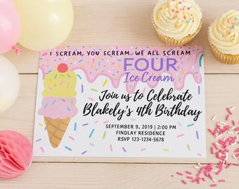 Schrei Vier Eis | Bearbeitbar 4. Geburtstagseinladung | Geburtstagsfeier | Bearbeitbare Canva Vorlage | Eis am Kuchen | Sofort Download