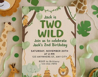 ZWEI Wild | Bearbeitbare Geburtstagseinladung | 2.Geburtstags-Party | Tier Geburtstag | Wilde Tiere | Kleiner Junge | Zweite Geburtstagseinladung