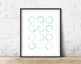 Aquarell Kreise, Hellgrün / Seeschaumgrün, Teal, Wandkunst, Minimal Art, Moderne Kunst, SOFORTIGER DOWNLOAD, Digitaldruck, Aquarelldruck
