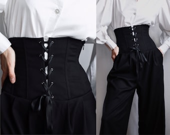 classic wide-leg pants with corset part/Fashion Black Wide Leg Trousers for Women / Women Casual Baggy Pants / High Waisted Trousers