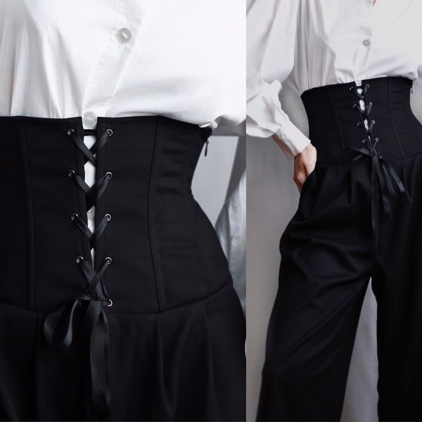 classic wide-leg pants with corset part/Fashion Black Wide Leg Trousers for Women / Women Casual Baggy Pants / High Waisted Trousers