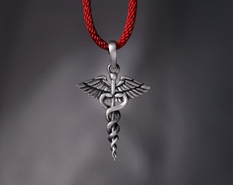 Pendentif caducée en argent sterling oxydé : bijoux symbole médical