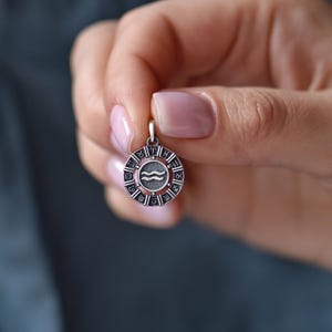 Aquarius Zodiac Pendant – Oxidized Sterling Silver 925 Medallion, Optional Leather or Silk Cord, Gift-Ready