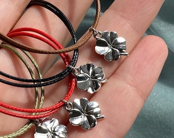 Sterling Silver Four Leaf Clover Bracelet: Adjustable Cord, Good Luck Charm