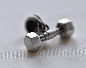 Sterling Silver Dumbbell Pendant – Oxidized Strength Jewelry Charm, Unisex Gift for Athletes