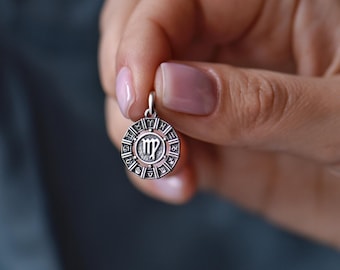 Virgo Zodiac Pendant – Oxidized Sterling Silver 925 Medallion, Optional Leather or Silk Cord, Gift-Ready