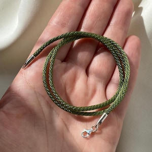 Olive Green Silk Cord Necklace: Sterling Silver Clasp, Water-Resistant
